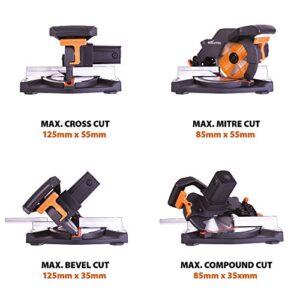 Evolution Power Tools R210CMS Compound Miter Saw, 8-1/4" Multi-Material Cutting TCT Blade Included Cuts Wood Metal Plastic & More, 45° - 45° Degree Miter & 45˚ Degree Bevel Angles, 1200W, 8-1/4"