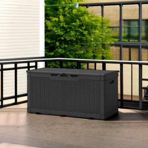 Patiowell 100 Gallon Resin Deck Box, Waterproof Large Outdoor Storage Box for Patio Furniture and Garden Tools, Black