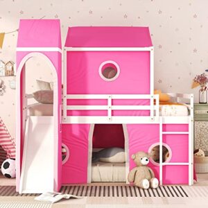 rorigat castle full size bunk bed,solid wood low loft bed frame with windows slide, tent and tower,bunk bed for kids bedroom,pink