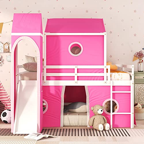 RORIGAT Castle Full Size Bunk Bed,Solid Wood Low Loft Bed Frame with Windows Slide, Tent and Tower,Bunk Bed for Kids Bedroom,Pink