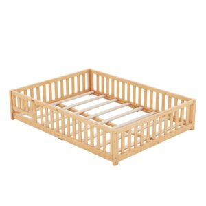 Queen Size Floor Bed for Children, Sturdy Wood Montessori Bed Frame with Fence Railings & Support Slats, Queen Playhouse Beds for Girls and Boys, Door Can Install Left and Right, No Box Spring Needed,