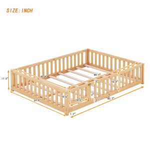 Queen Size Floor Bed for Children, Sturdy Wood Montessori Bed Frame with Fence Railings & Support Slats, Queen Playhouse Beds for Girls and Boys, Door Can Install Left and Right, No Box Spring Needed,