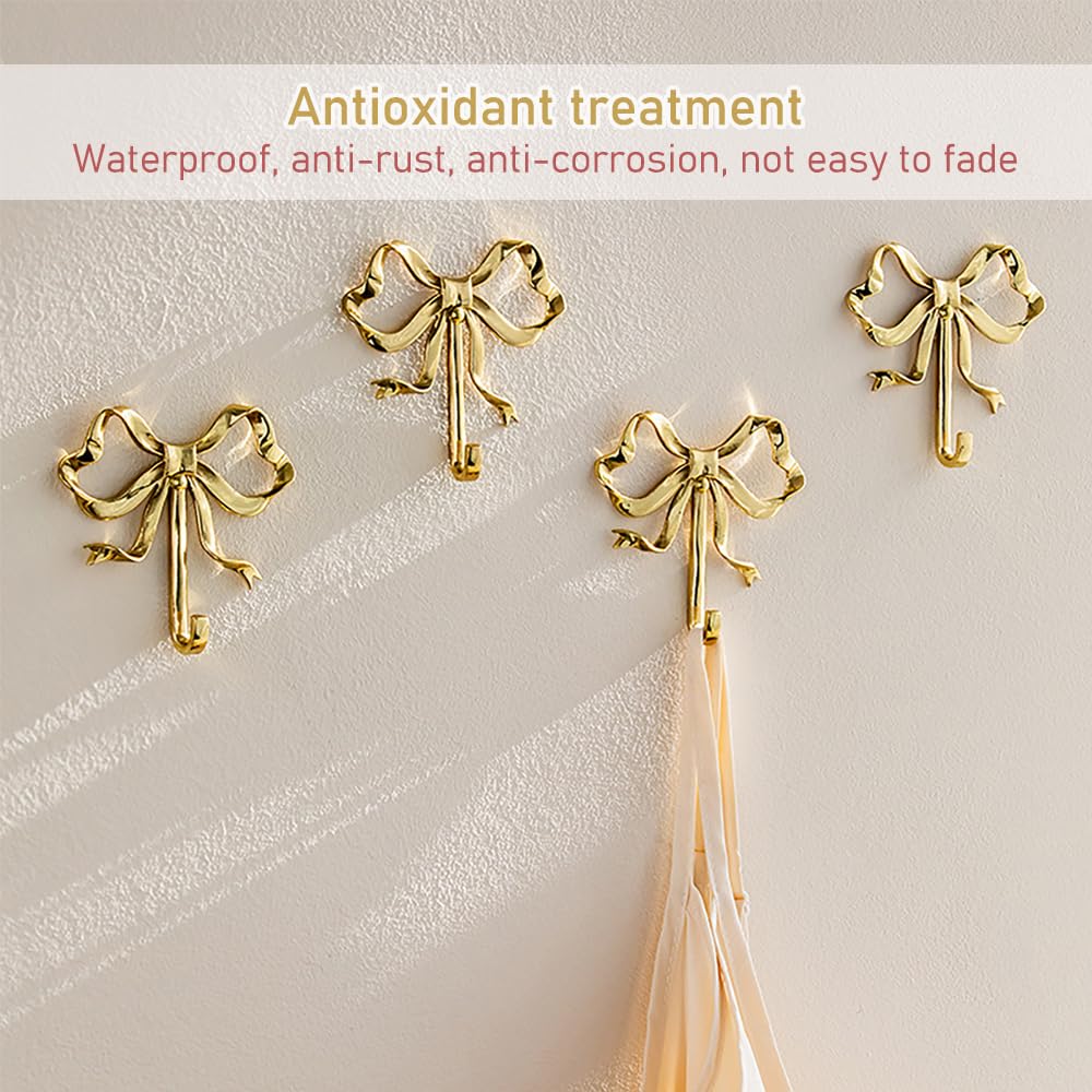 ZORZA 2Pcs Multi-Purpose Bow-Knot Brass Screw Hooks Retro Wall Hook Bow Shaped Practical Bow Hook Gold Wall Hooks for Bathroom Bedroom Perfect for Hanging Hats Towels Coats