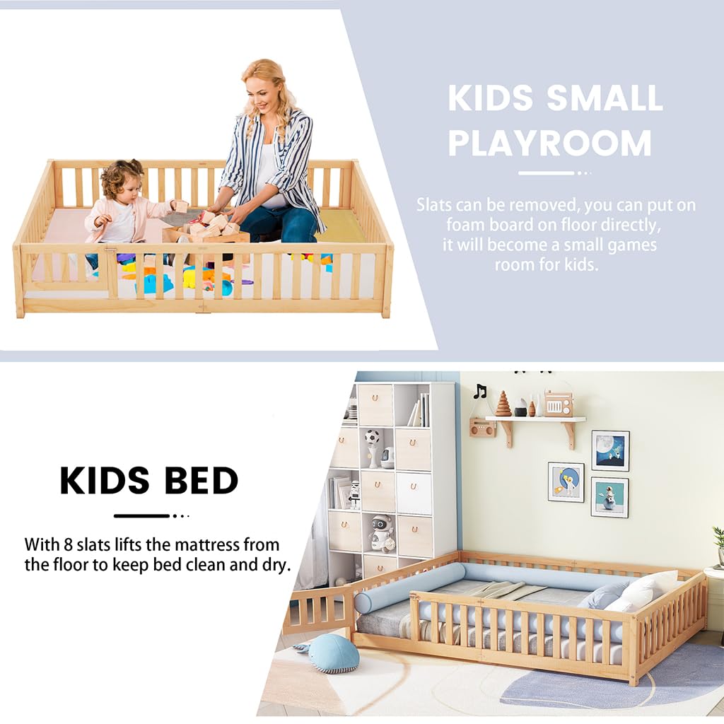 Queen Size Floor Bed for Children, Sturdy Wood Montessori Bed Frame with Fence Railings & Support Slats, Queen Playhouse Beds for Girls and Boys, Door Can Install Left and Right, No Box Spring Needed,