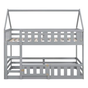 Harper & Bright Designs Twin Over Twin House Bunk Bed Frame for Boys Girls Kids Adults Toddler with Fence and Door, Gray