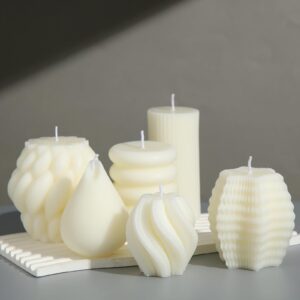 Threlaco 6 Pcs Ribbed Pillar Aesthetic Candles Set White Swirl Scented Soy Wax Twirl Candle Modern Geometric Decorative Idea Candle for Bathroom Housewarming Gift Home Living Room Shelf Decor