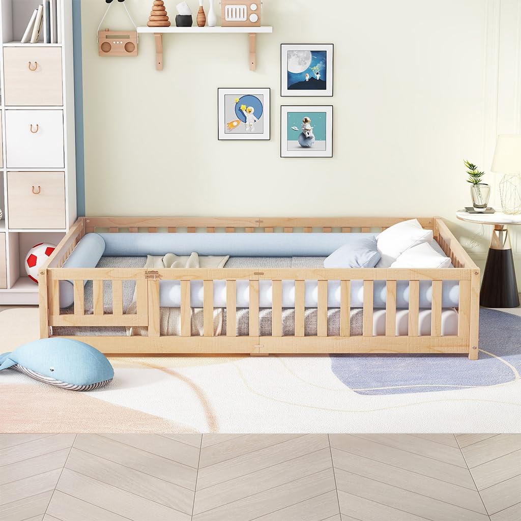 Queen Size Floor Bed for Children, Sturdy Wood Montessori Bed Frame with Fence Railings & Support Slats, Queen Playhouse Beds for Girls and Boys, Door Can Install Left and Right, No Box Spring Needed,