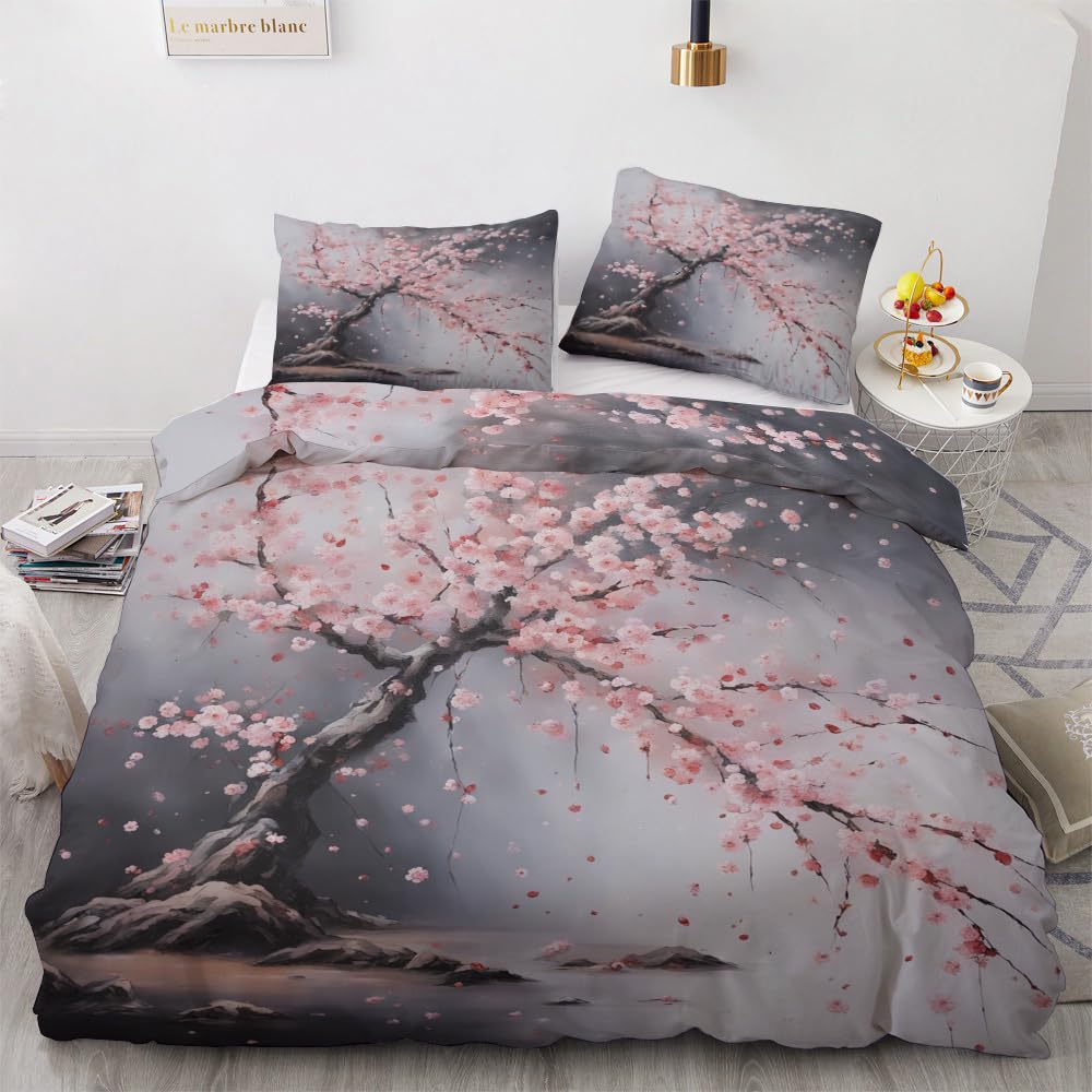 OmErsa Japanese Cherry Blossom Duvet Cover Queen Size Set, Asian Bedding Bedroom Decor, Comforter Cover & 2 Pillowcases 3 Pieces, Home Collection Quilt Cover