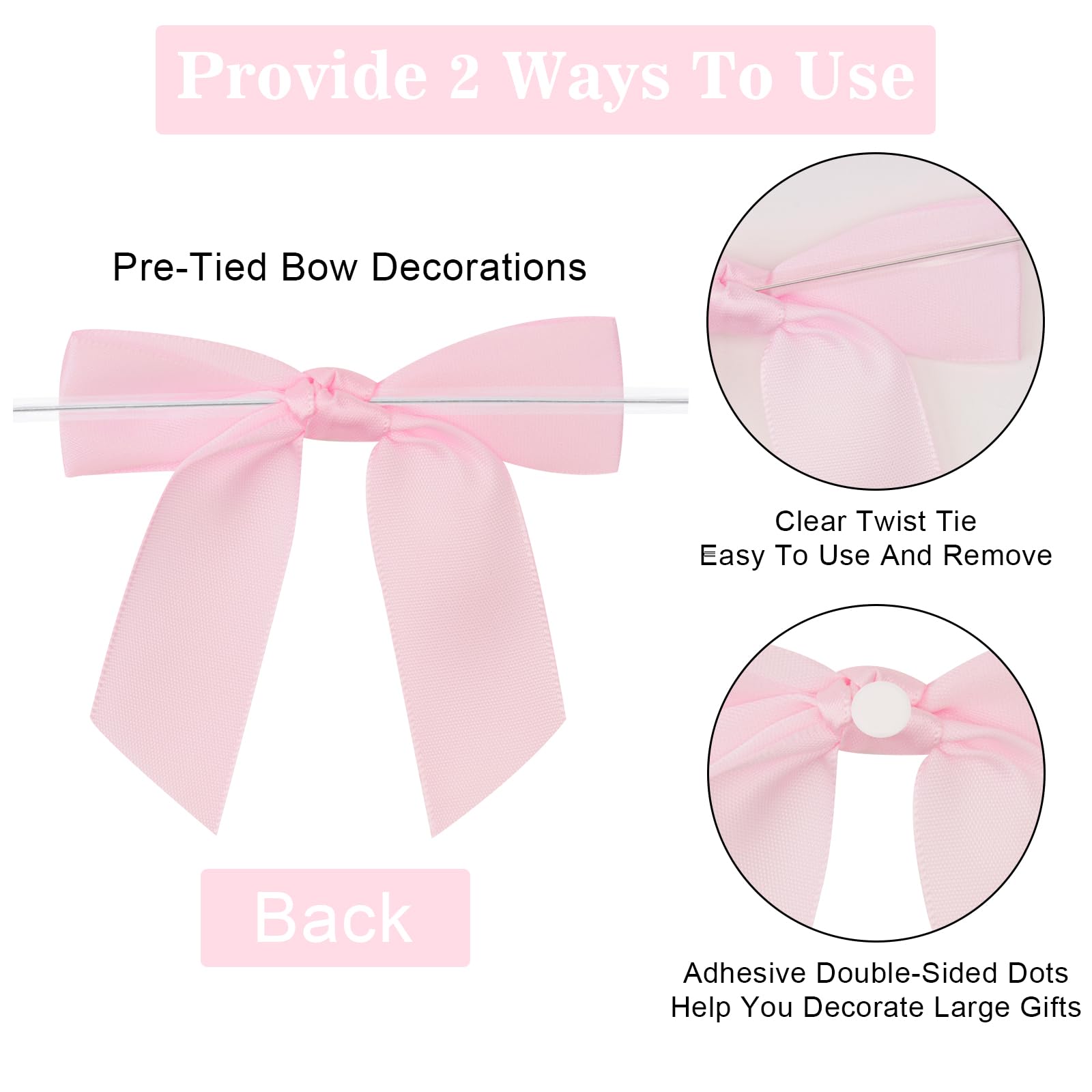 Anwyll Twist Tie Bows,Pink Satin Ribbon Bows,50Pcs Wedding Favor Ribbon Bows,3.5'' Pre-Tied Pink Gift Bows for Gift Wrapping Treat Bag Present Craft Birthday Party Bridal Shower Halloween Thanksgiving