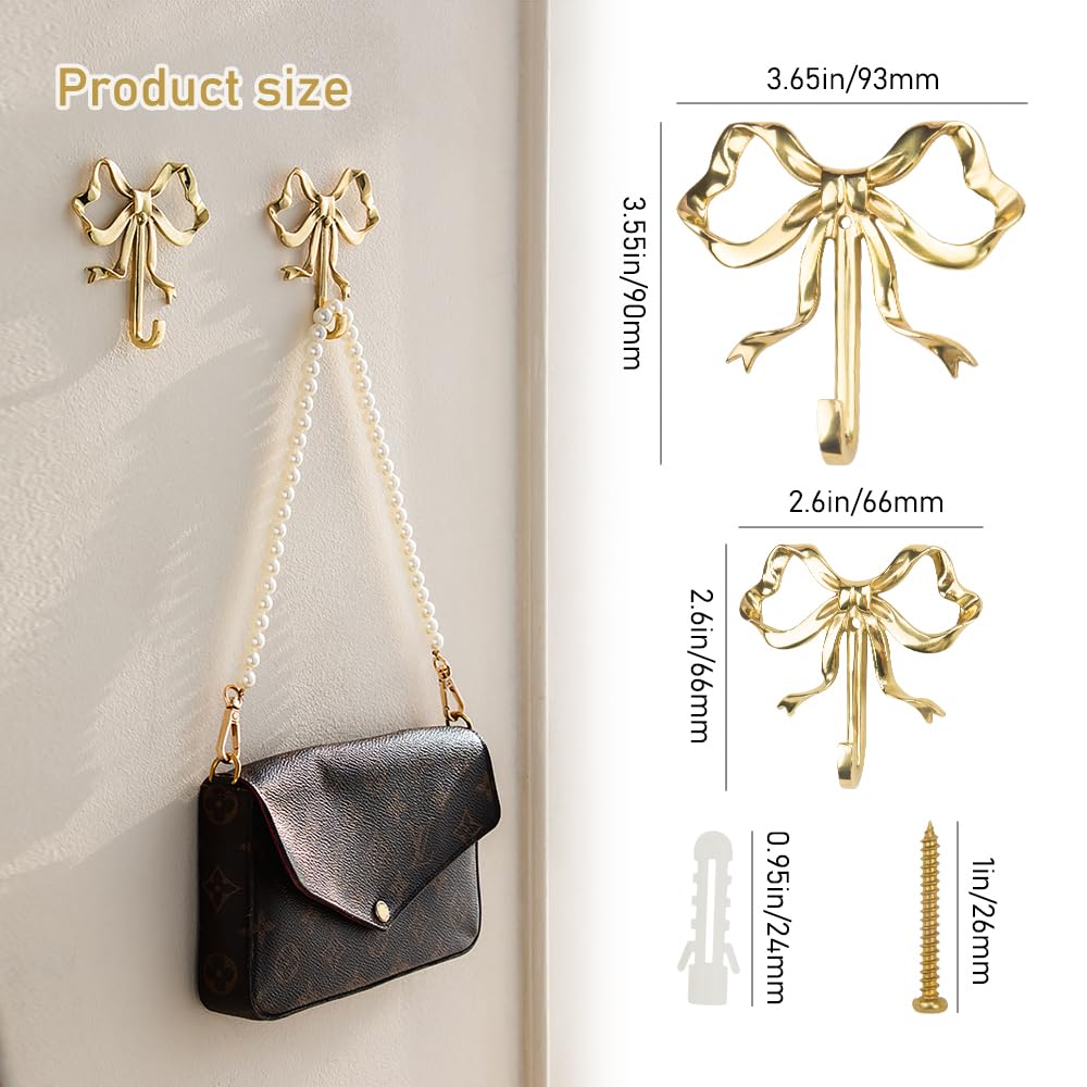 ZORZA 2Pcs Multi-Purpose Bow-Knot Brass Screw Hooks Retro Wall Hook Bow Shaped Practical Bow Hook Gold Wall Hooks for Bathroom Bedroom Perfect for Hanging Hats Towels Coats