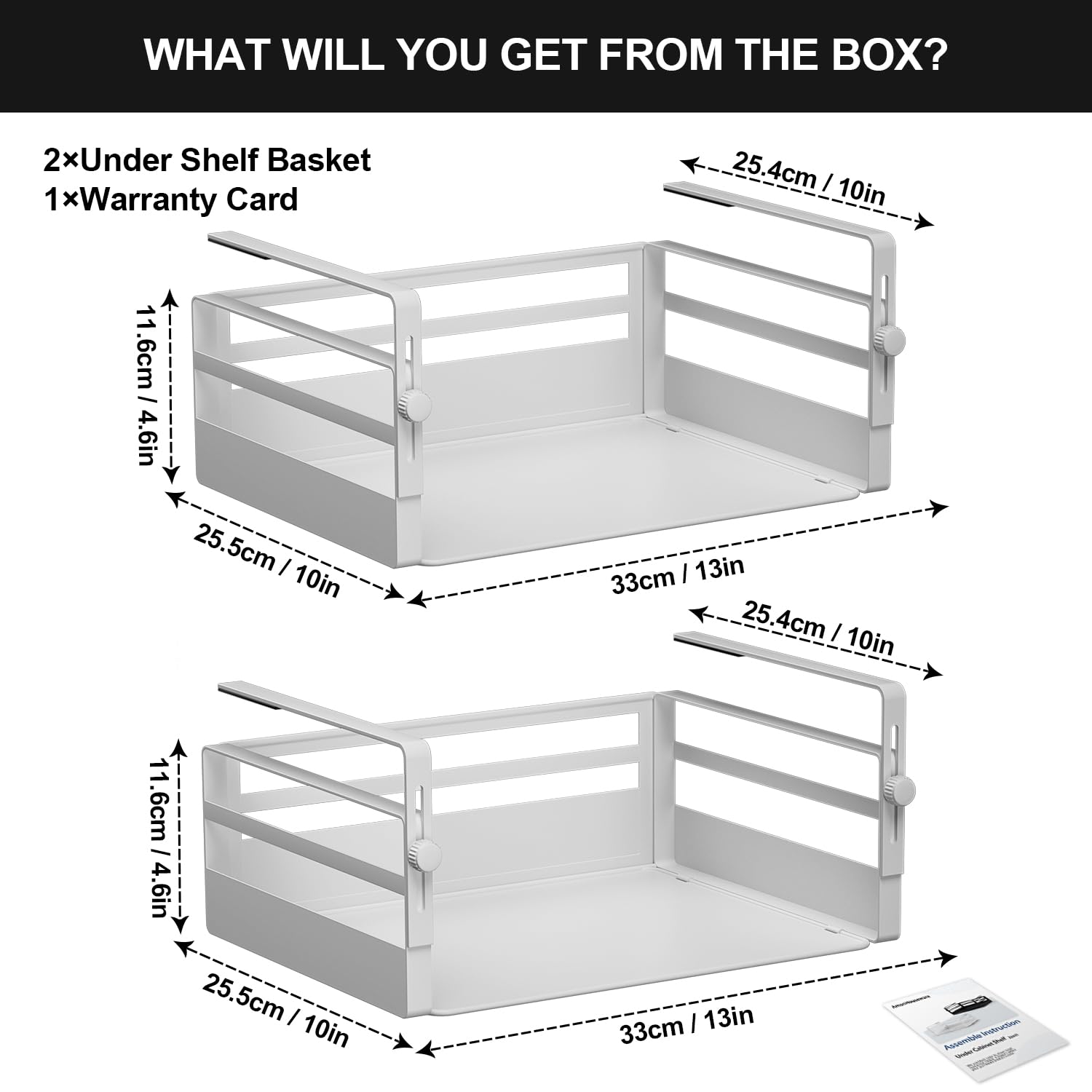 AmonHouseware 2 Pack Under Shelf Storage Basket Organizer,Adjustable Hanging Under Cabinet Add-on Storage Racks Slide-in Baskets Organizer for Laundry Room Kitchen Pantry Desk Bookshelf, White