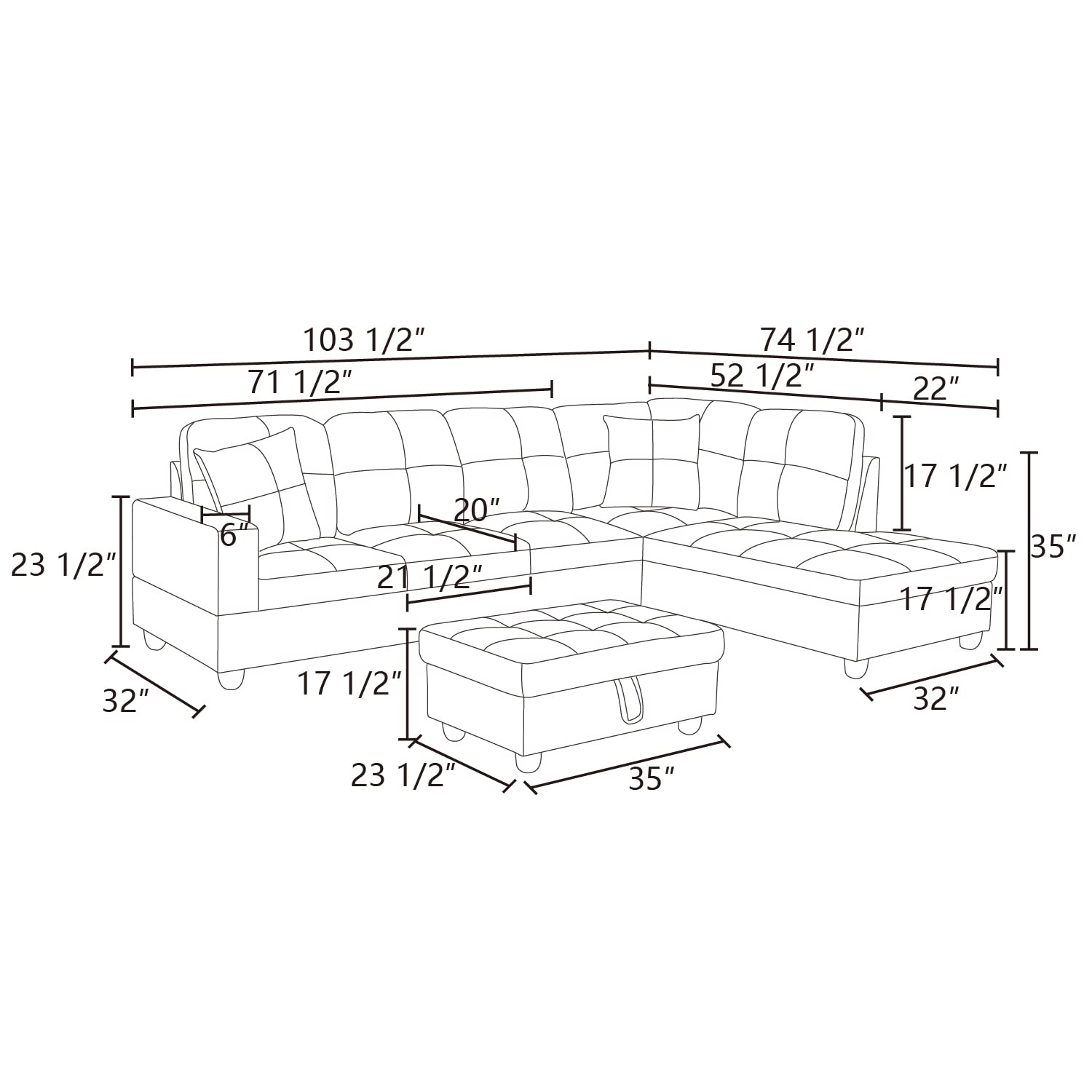 Caberryne Sectional Couch for Living Room Furniture Sets,Black Leather Sectional Sofa L Shape Couch with Chaise and Storage Ottoman for Living Room/Apartment/Office（Facing Right Chaise）