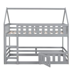 Harper & Bright Designs Twin Over Twin House Bunk Bed Frame for Boys Girls Kids Adults Toddler with Fence and Door, Gray