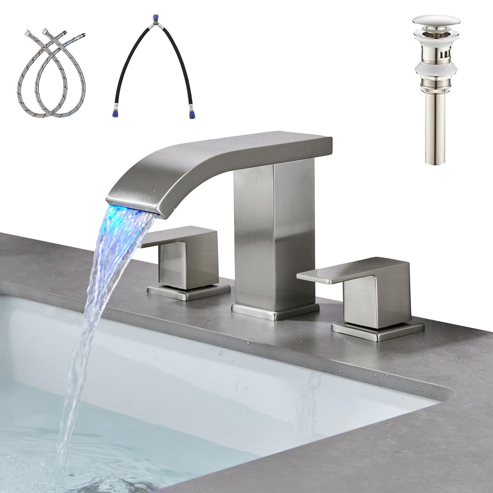 Kyatinsal LED Light Widespread Bathroom Faucets for Sink 3 Hole Waterfall -Bathroom Faucet with Pop-up Drain Assembly, 8 Inch Bathroom Sink Faucet 2-Handles,Modern Lavatory Vanity Faucet