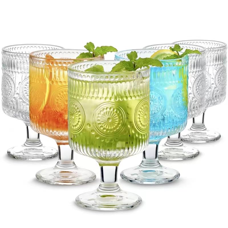 6 Packs Vintage Goblet Glasses, 8 oz Wine Glasses, Embossed Floral Glass Cups Set, Clear Drink Glasses, Drinking Goblets, Bar Tumbler Glassware for Iced Tea, Wine, Beer, Juice, Cocktail, Whiskey