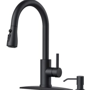 FORIOUS Black Kitchen Faucet with Soap Dispenser, Kitchen Faucet with Pull Down Sprayer, Classic Stainless Steel Kitchen Sink Faucet, Updated High Arc Single Hole Faucet for Kitchen Sink RV Bar Camper