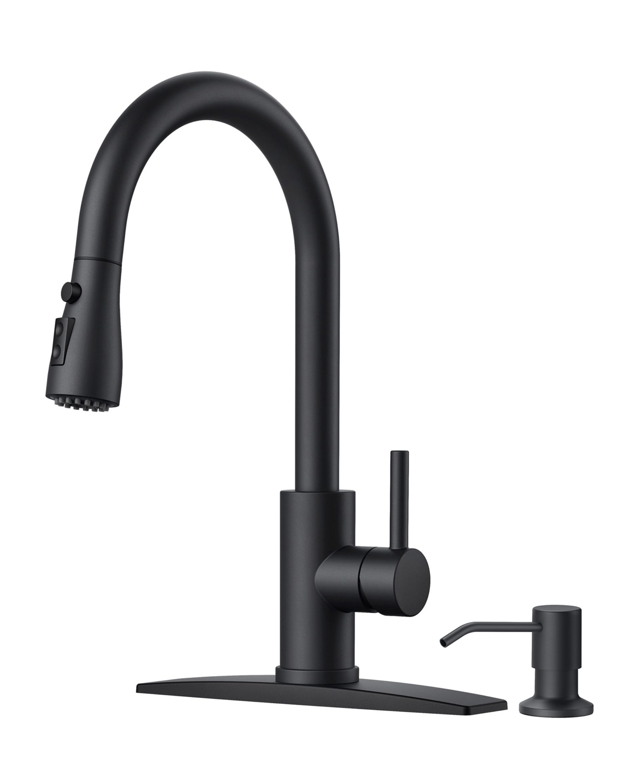 FORIOUS Black Kitchen Faucet with Soap Dispenser, Kitchen Faucet with Pull Down Sprayer, Classic Stainless Steel Kitchen Sink Faucet, Updated High Arc Single Hole Faucet for Kitchen Sink RV Bar Camper