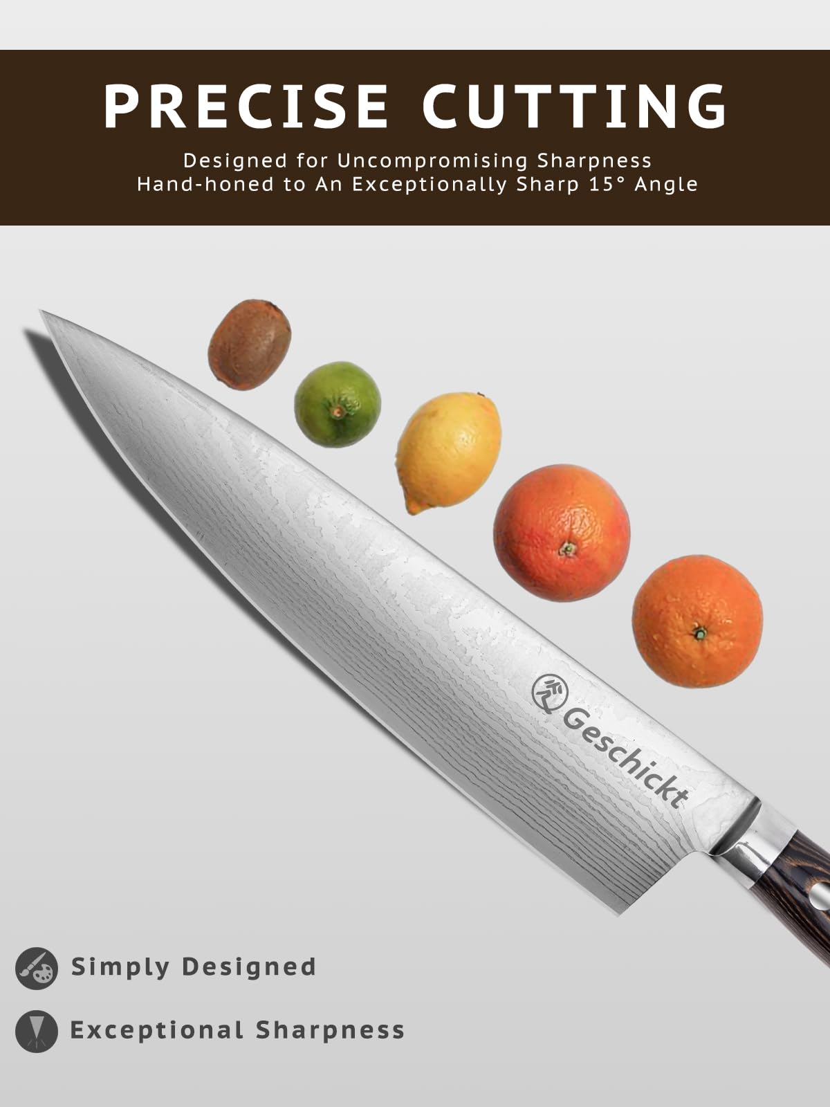 Geschickt Chef Knife, 8 inch Thin & Light Kitchen Knife, High Carbon Stainless Steel Blade, Pakkawood Handle, Full Tang Sharp Knife for All-Around Food Prep