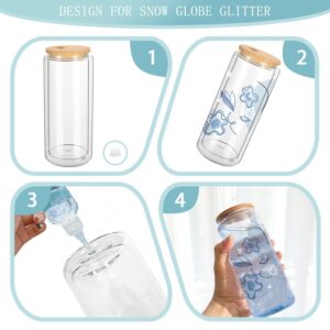 YOUKE OLA 6 Pack Pre Drilled Beer Glass Can Shaped Blank Double Wall Glass Cans with Rubber Stopper Bamboo Lid & Glass Straws for Snow Globe Glitter DIY 16oz