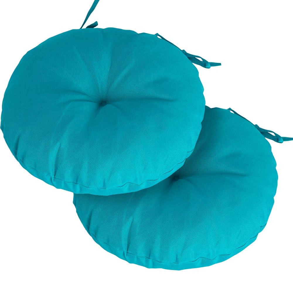 Magpie Fabrics Outdoor 15"x15"x4" Round Bistro Seat Cushions with Ties Set of 2, Tufted Waterproof Patio Floor Chair Pads for Home Garden Balcony Kitchen Office Porch, Teal