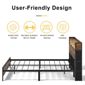 HAUSOURCE Queen Bed Frame with Bookcase Headboard and 6 Headboard Storage Drawers LED Lights Metal Platform Non-Slip Without Noise Metal Slats Support No Box Spring Needed