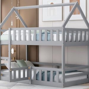 Harper & Bright Designs Twin Over Twin House Bunk Bed Frame for Boys Girls Kids Adults Toddler with Fence and Door, Gray