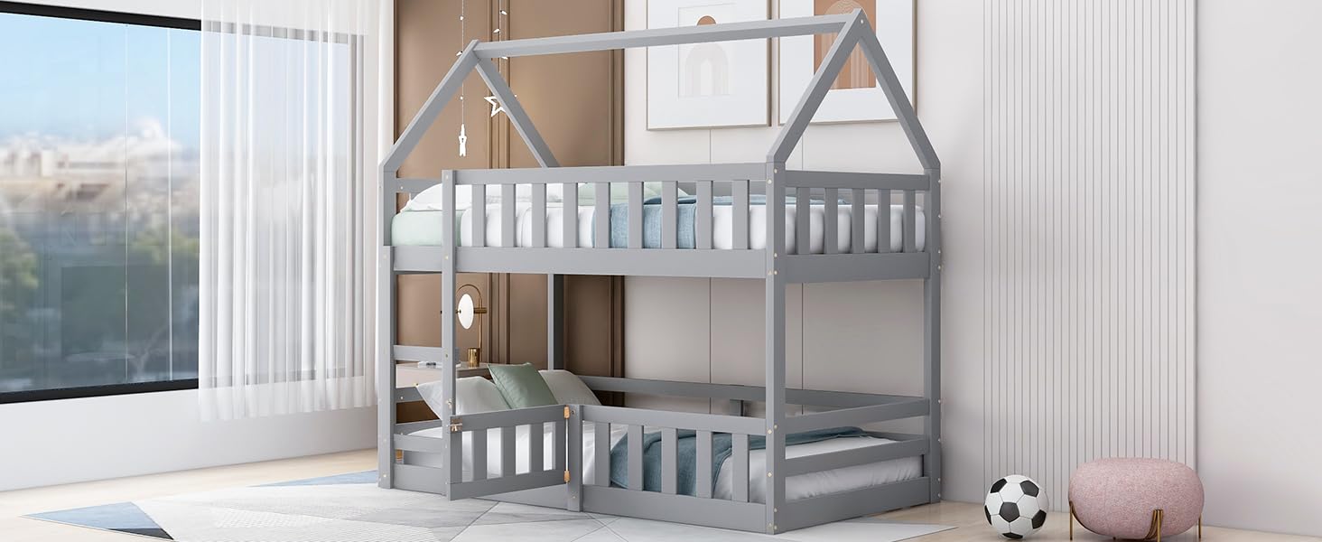 Harper & Bright Designs Twin Over Twin House Bunk Bed Frame for Boys Girls Kids Adults Toddler with Fence and Door, Gray