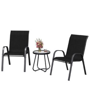 amopatio 3 piece patio set, outdoor stackable dinging chairs for all weather, breathable garden outdoor furniture for backyard deck, black