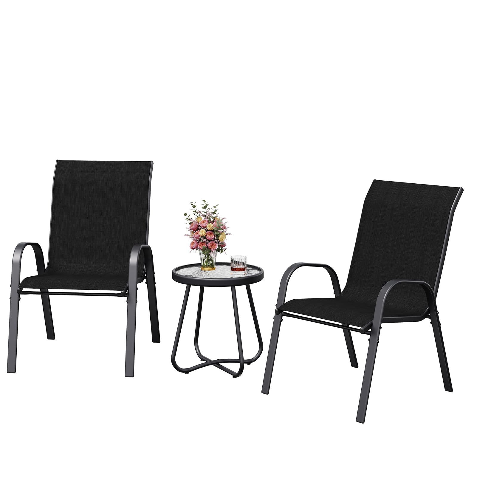 Amopatio 3 Piece Patio Set, Outdoor Stackable Dinging Chairs for All Weather, Breathable Garden Outdoor Furniture for Backyard Deck, Black