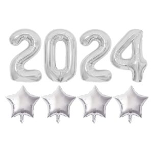 8 pcs 2024 balloons graduation class of 2024 silver number balloons and star mylar foil balloons 40 inch silver graduation decorations, high school college graduation party decorations supplies