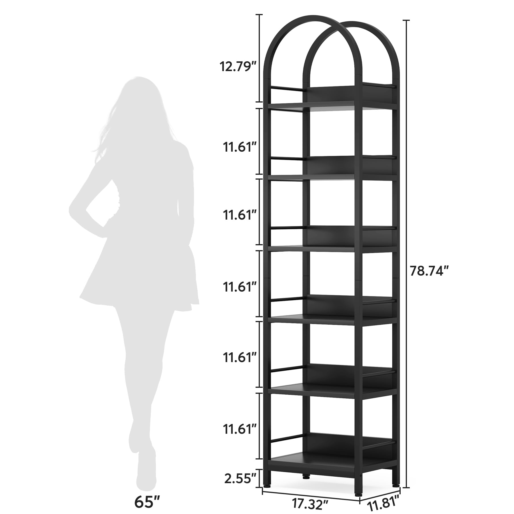 Tribesigns 6-Tier Open Bookshelf, 78.7" Tall Arched Bookcase Narrow Bookshelf with Metal Frame, Freestanding Corner Bookcase Display Shelves for Living Room, Home Office, Black