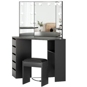 GAOMON Vanity Desk with Mirror and Lights, Corner Makeup Vanity Desk, Large Dressing Tables with Charging, 5 Drawers, Shelves and Vanity Stool, Black