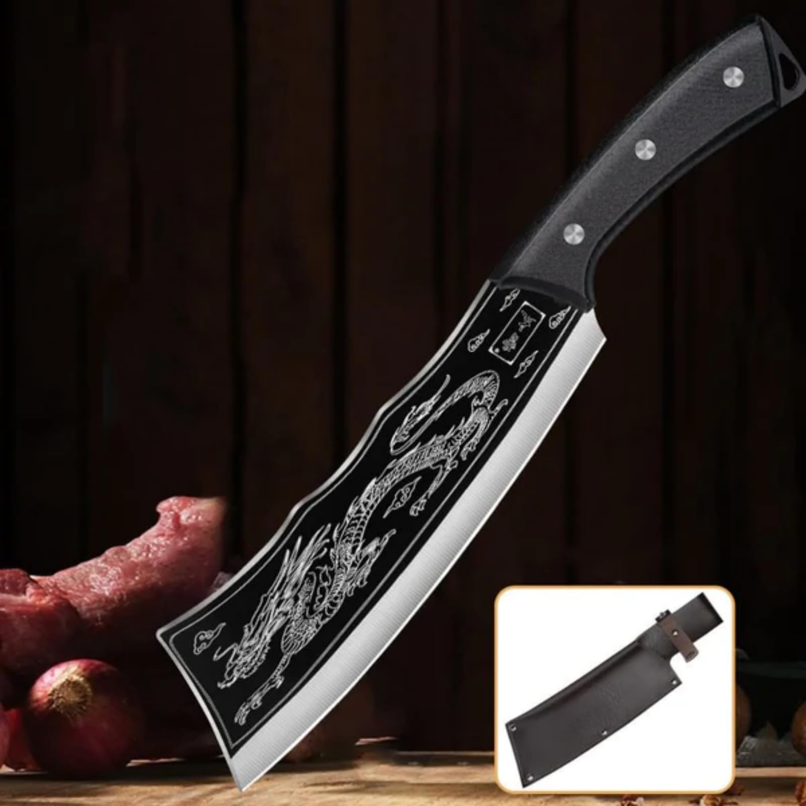 Black Dragon Knife Japanese Titanium Steel Version, Handmade Dragon Slaying Knife Japanese Kitchen Knife, Dragon Shaped Carved Chopper, Stainless Steel Kitchen Knife (A-2.5mm)