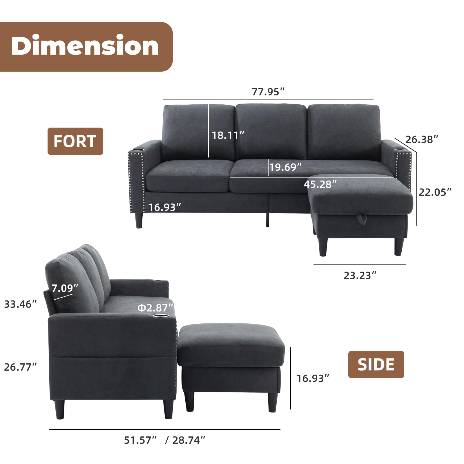 Siiejia Convertible Sectional Couches for Living Room, L-Shaped Couch 3 Seats Sofas with Storage Chaise & 2 Cup Holders, Small Sofa for Apartment, Compact Spaces, Dark Grey