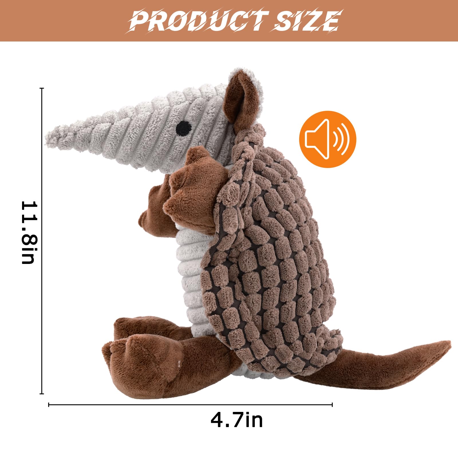 PLYFOU Squeaky Dog Toys, 12 Inch Plush Dog Toys, Stuffed Toys for Small Medium Large All Breed Sizes Dogs, Big Armadillo Animals Toy, Puppy Chew Toy with Clean Teeth, Brown