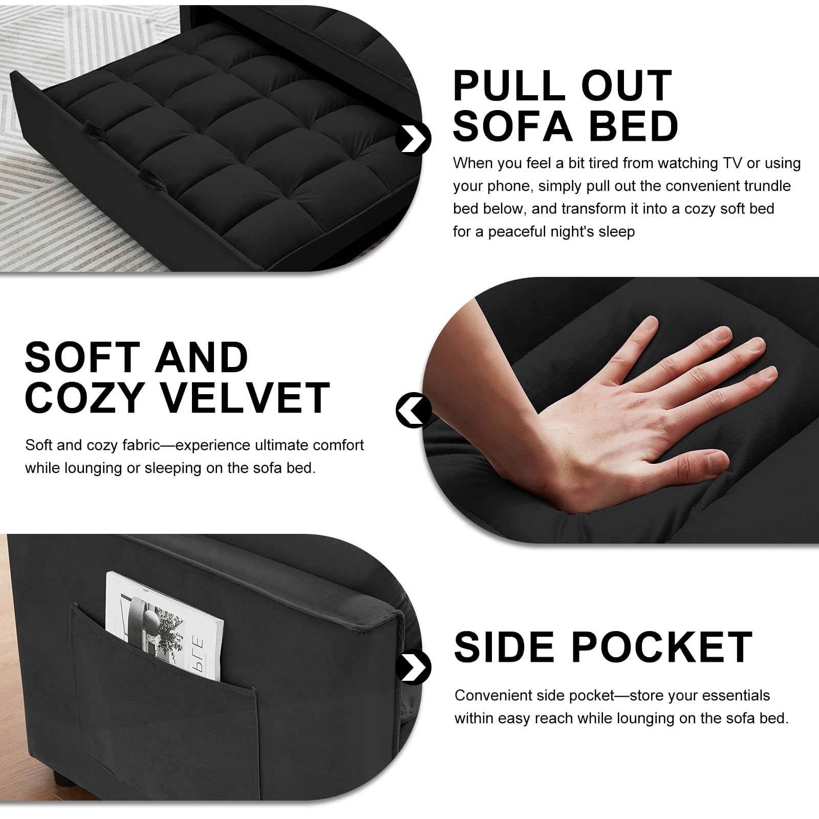 howcool 3 in 1 Convertible Sleeper Futon Sofa Bed with 2 Toss Pillows, 55 Inch Modern Velvet Small Loveseat Lounge Couch w/Reclining Backrest&Side Pockets for Living Room, Pull-Out Design, Pure Black