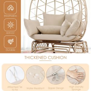 NICESOUL® Double Wicker Rocking Egg Chair, Oversized Egg Basket Lounge Chair for 2 Persons, Patio Gliding Egg Chair with Legs Thick Cushions 500 Lbs Large Loveseat for Indoor Outdoor Beige with Cover