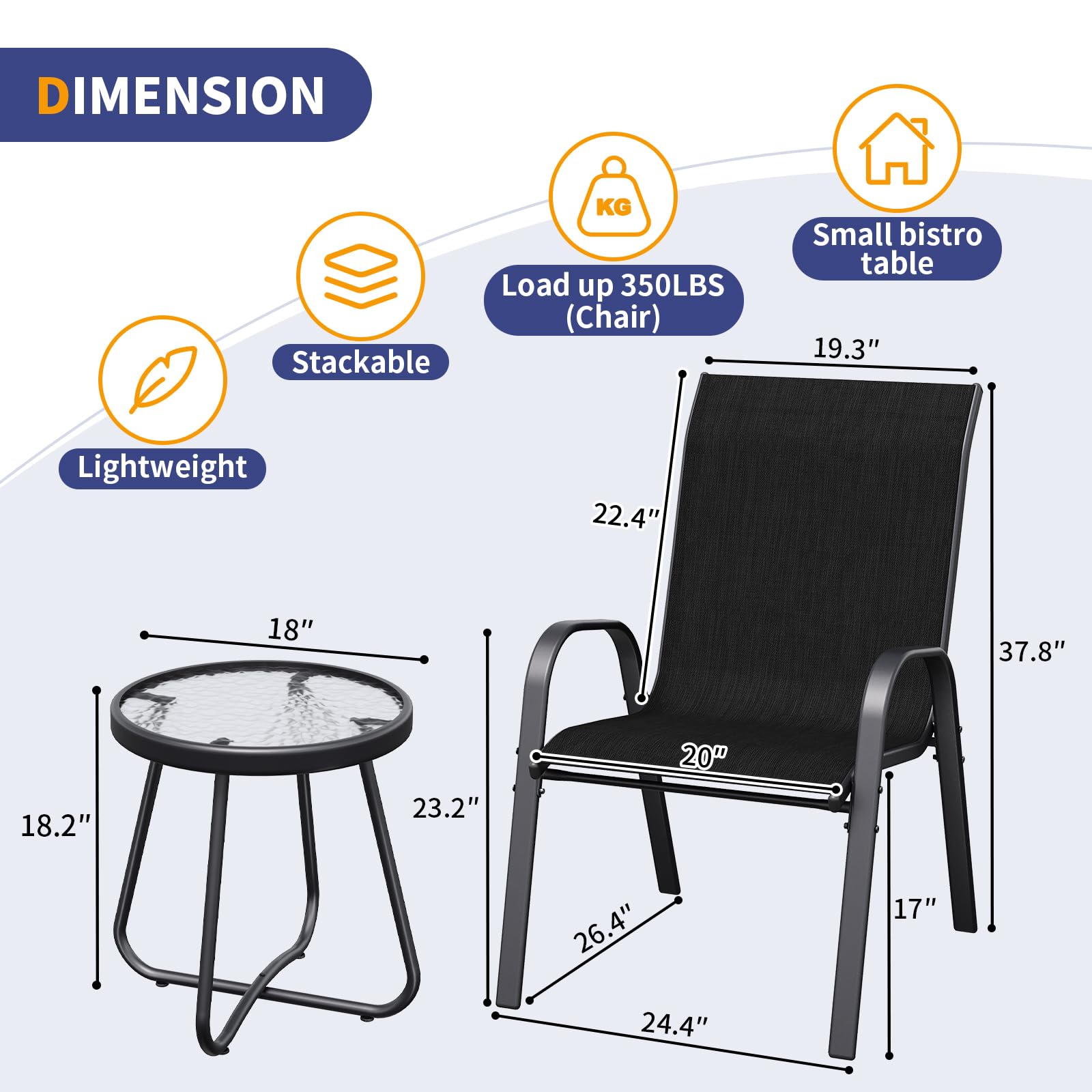 Amopatio 3 Piece Patio Set, Outdoor Stackable Dinging Chairs for All Weather, Breathable Garden Outdoor Furniture for Backyard Deck, Black