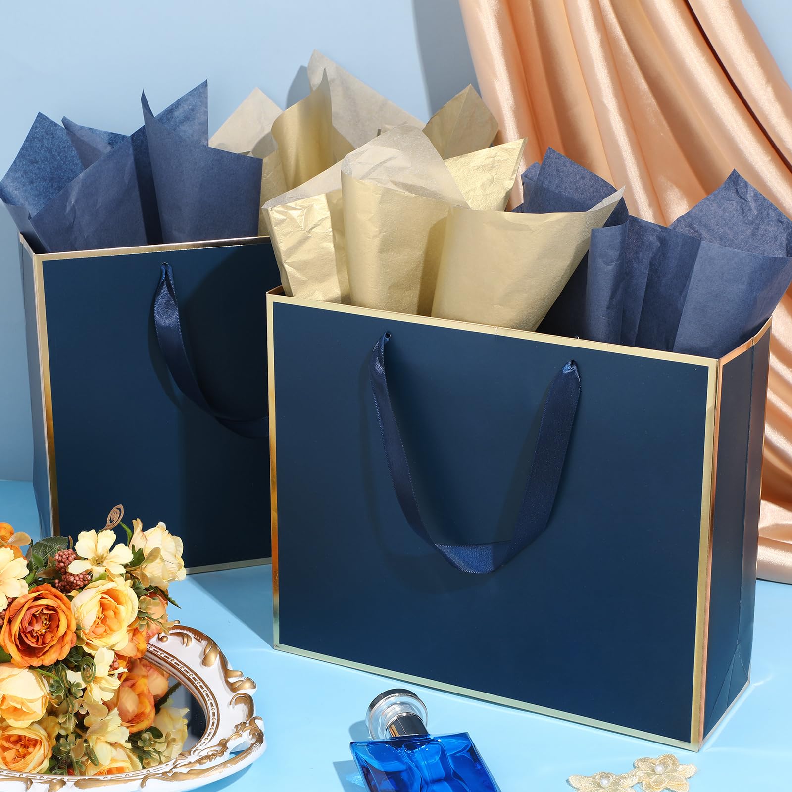 ReliThick 12 Pack Metallic Paper Gift Bag with Handles and Tissue Paper 11.8 x 10 x 4'' Thank You Favor Bag for Fall Party Thanksgiving Day Christmas Birthday Wedding Bridesmaid(Navy Blue, Gold)