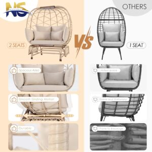 NICESOUL® Double Wicker Rocking Egg Chair, Oversized Egg Basket Lounge Chair for 2 Persons, Patio Gliding Egg Chair with Legs Thick Cushions 500 Lbs Large Loveseat for Indoor Outdoor Beige with Cover