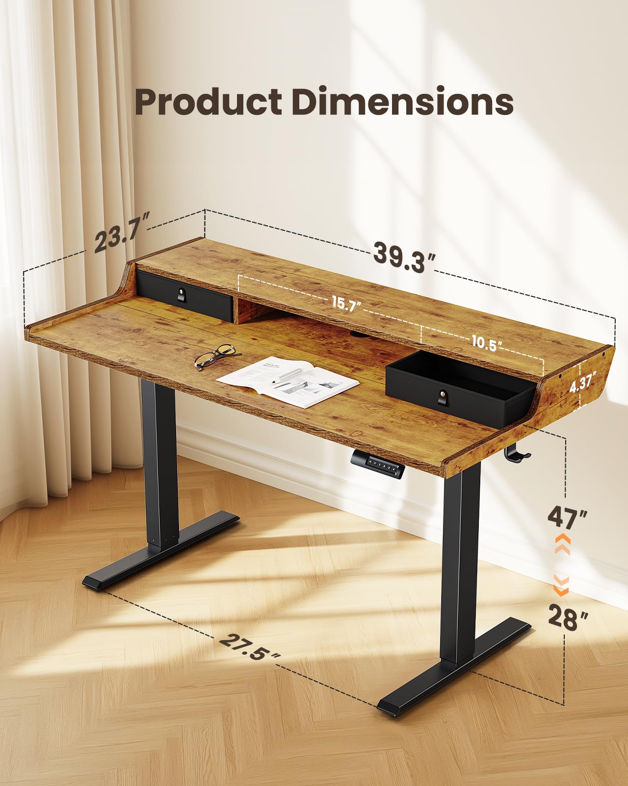 ErGear Electric Staning Desk with Drawers, 40x24 Small Gaming Desk with Monitor Stand, Stand up Desk, Home Office Height-Adjustable Desk with Storage Shelf, Vintage Brown, EGESD35V