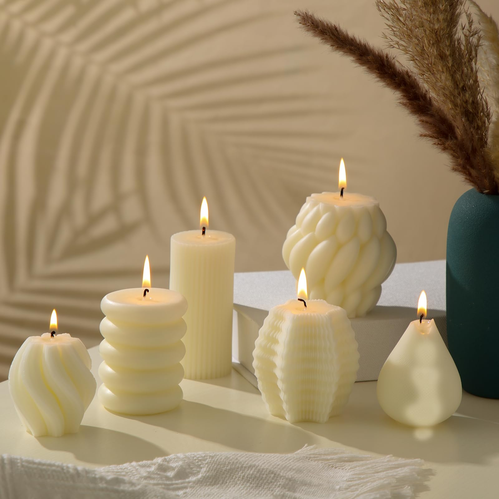 Threlaco 6 Pcs Ribbed Pillar Aesthetic Candles Set White Swirl Scented Soy Wax Twirl Candle Modern Geometric Decorative Idea Candle for Bathroom Housewarming Gift Home Living Room Shelf Decor