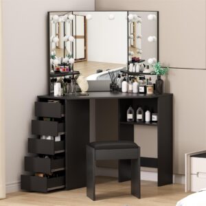 gaomon vanity desk with mirror and lights, corner makeup vanity desk, large dressing tables with charging, 5 drawers, shelves and vanity stool, black