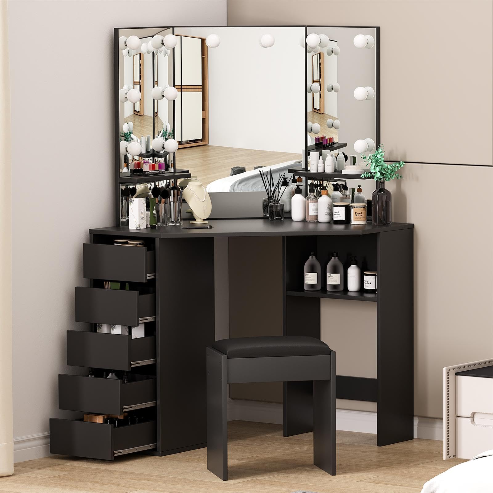 GAOMON Vanity Desk with Mirror and Lights, Corner Makeup Vanity Desk, Large Dressing Tables with Charging, 5 Drawers, Shelves and Vanity Stool, Black