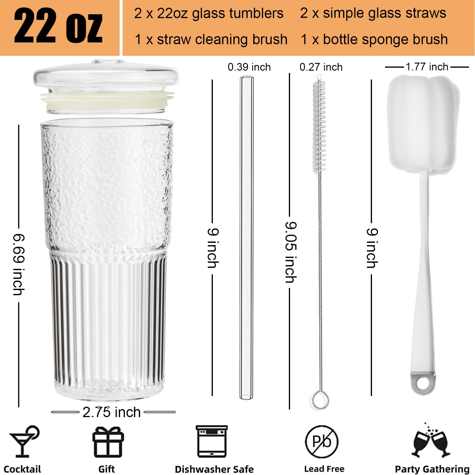 ALINK Glass Cups with Glass Lids and Straws, 22 oz High Borosilicate Clear Iced Coffee Glass Tumblers, Drinking Glass Smoothie Tea Water Cups, Pack of 2 with Cleaning Brush