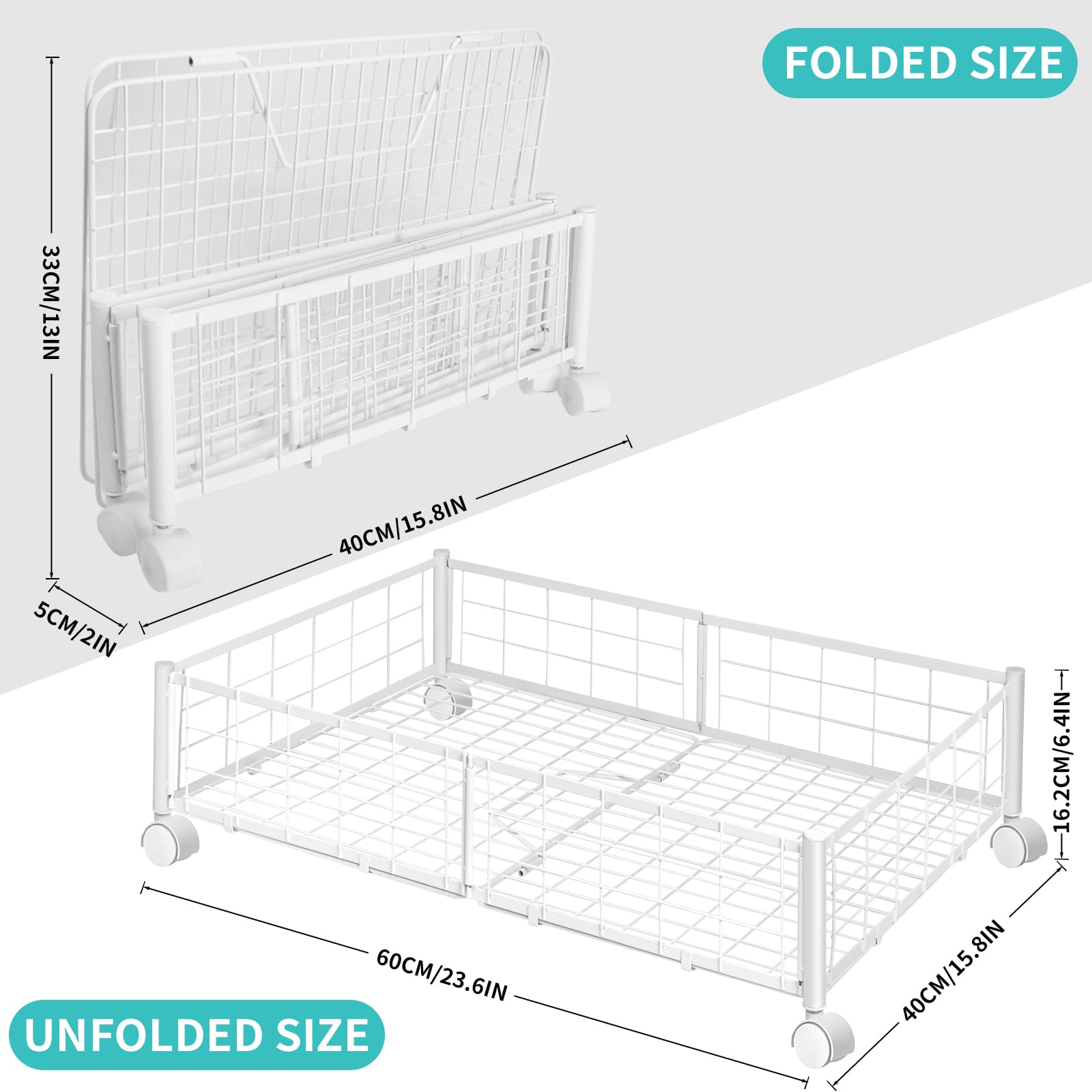 Under Bed Storage with Wheels, Under Bed Storage Containers Metal Foldable Space-Saving Under Bed Drawer Shoe Storage Bins Organizer on Wheels for Clothes Books (2 Packs White)