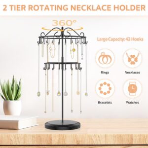 iDavosic.ly 2 Tier Rotating Necklace Organizer, Adjustable Metal Necklace Holder with 42 Hooks, Extra Tall Bracelet Keychain Spinning Display Stand Tree Tower for Women Girl, Black