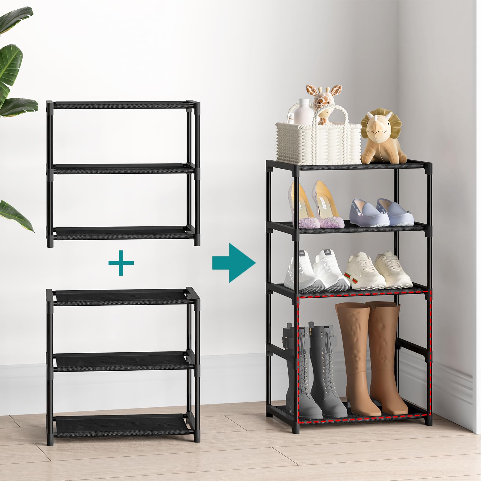 Autonomier 3 Tier Small Shoe Rack, Narrow Stackable Kids Toddler Adult Shoe Storage Organizer Shelf for Closet Floor Front Door Entrance Entryway, Free Standing Shoe Rack Organization Shelves