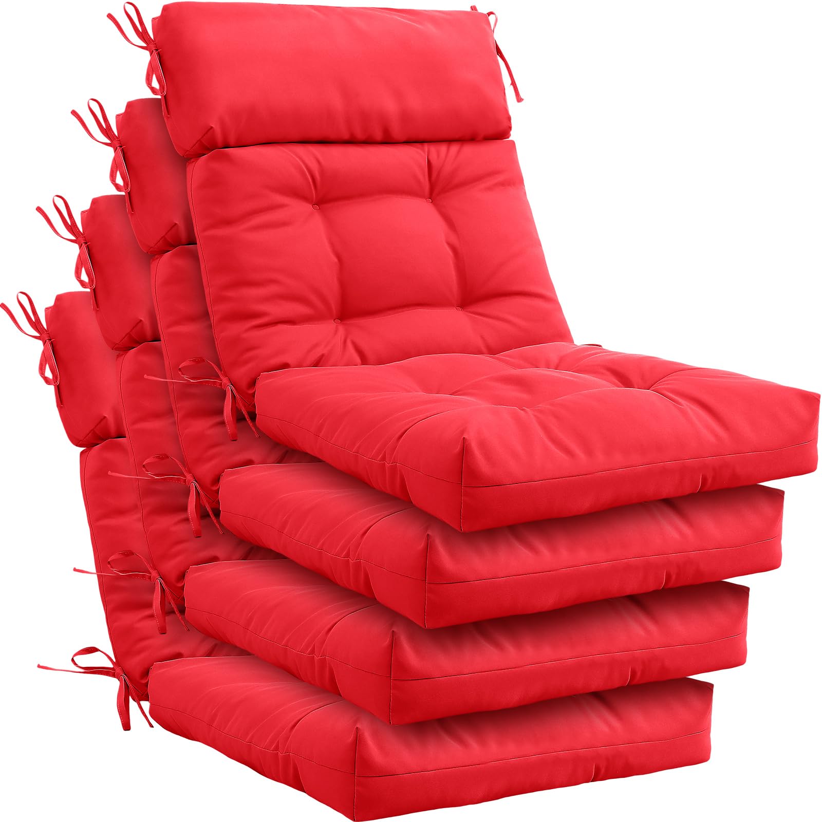 Barydat 4 Pack High Back Chair Cushion Indoor Outdoor Tufted Seat and Back Chair Cushions Rocking Chair Pads Lounge Porch Seat Cushion with Ties for Patio Furniture, 43.4 x 21 x 3.3 Inch(Red)