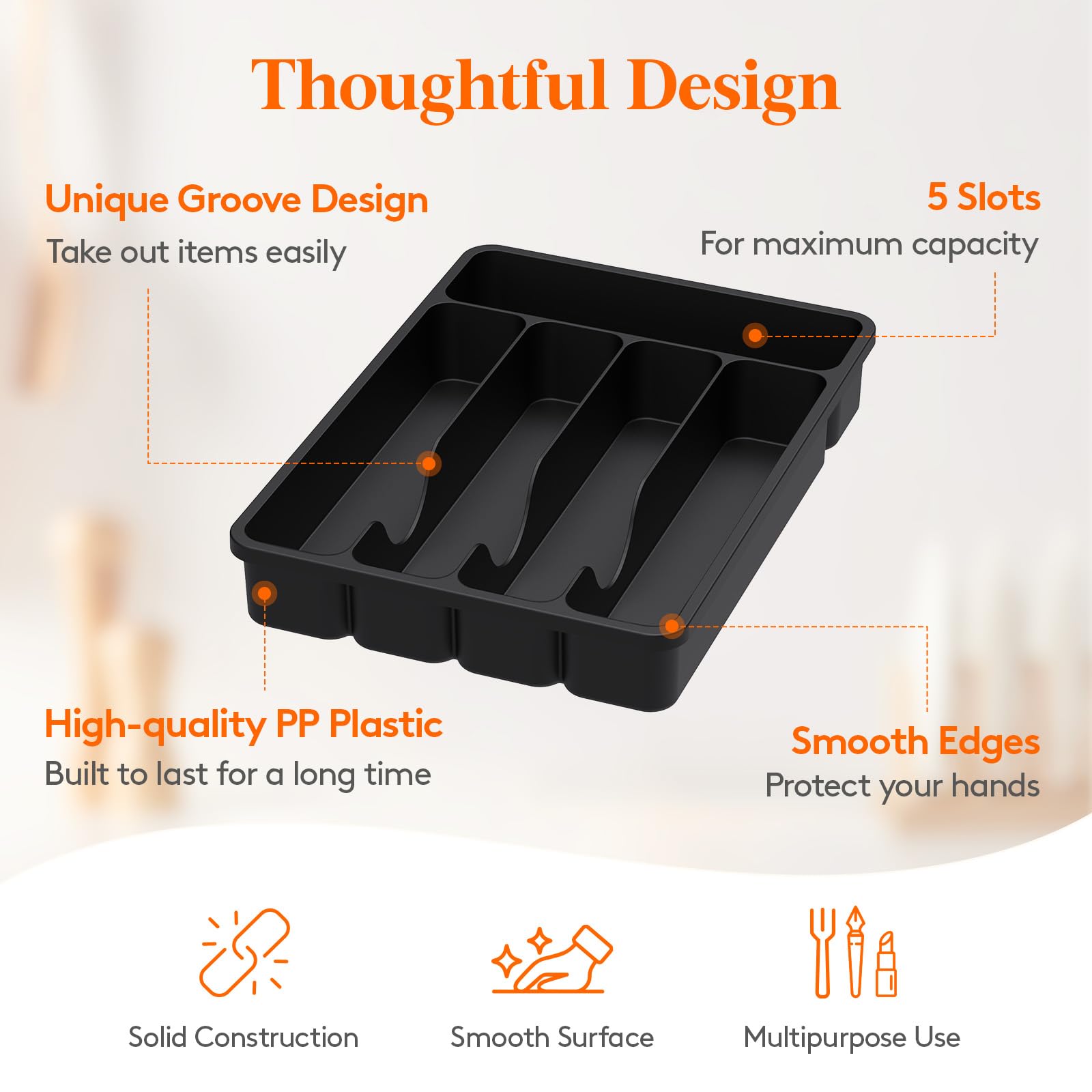 Lifewit Silverware Drawer Organizer Tray, Plastic Cutlery Storage for Kitchen Drawer, Flatware and Utensil Holder Divider for Spoons Forks Knives Tableware, 5 Compartment, Black